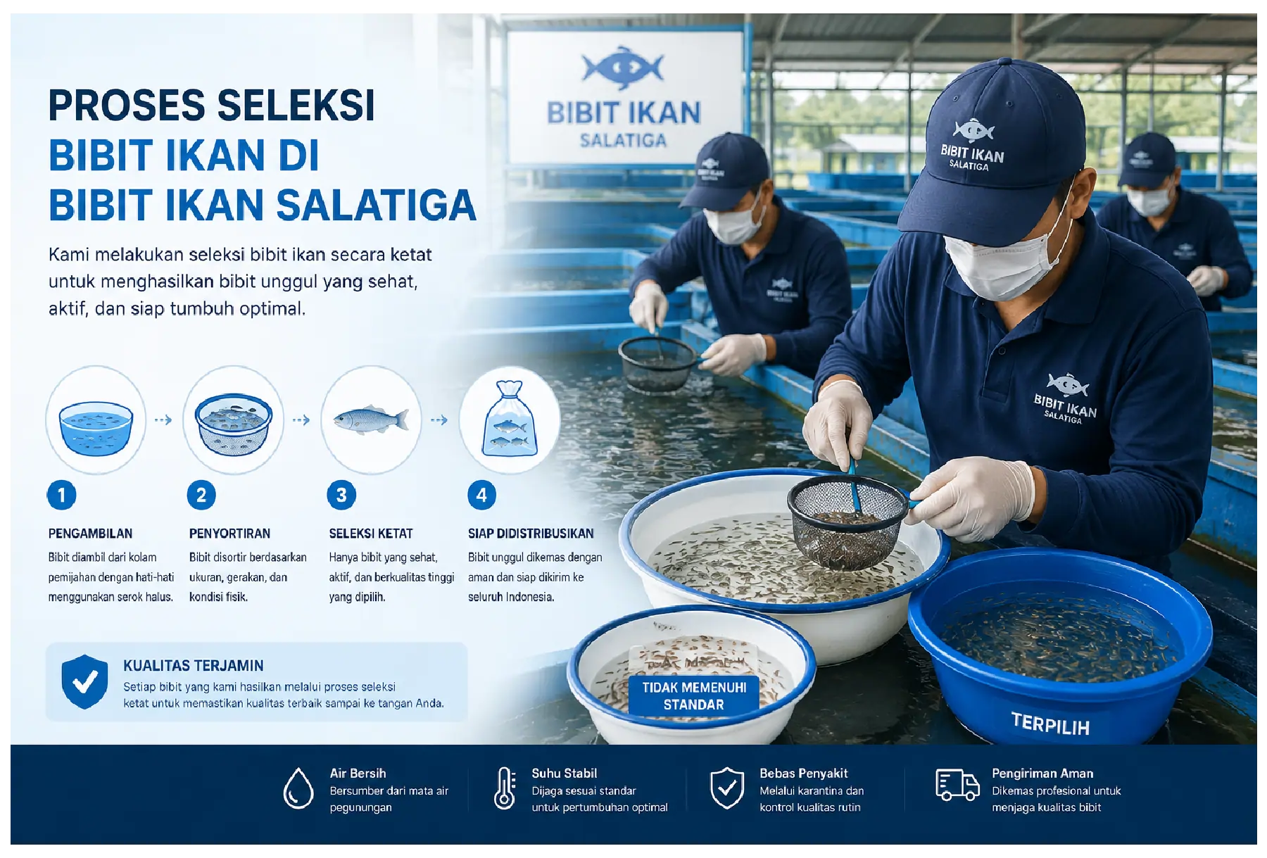Proses seleksi bibit ikan di kolam Salatiga